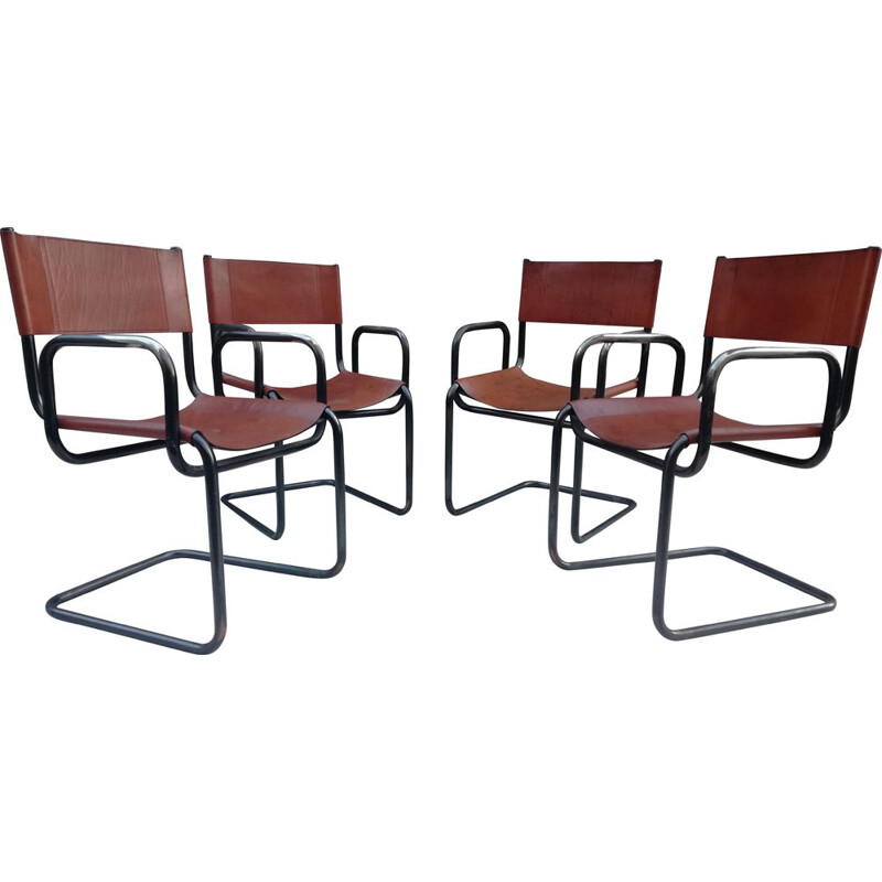 Set of 4 vintage Bauhaus leather and tubular steel armchairs, 1960s