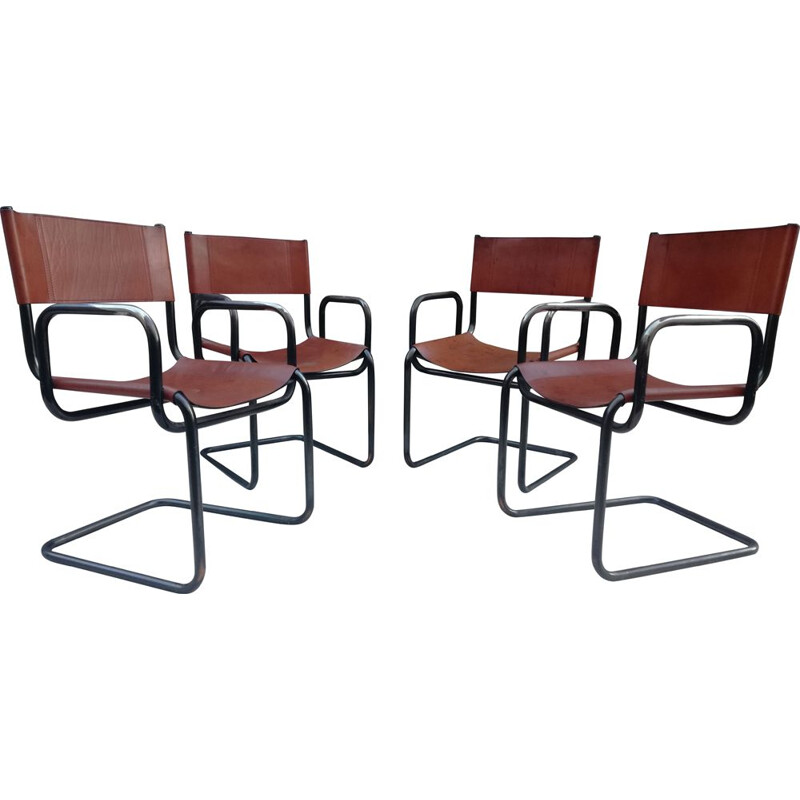 Suite de 4 fauteuils vintage type Bauhaus en cuir et acier tubulaire, 1960s