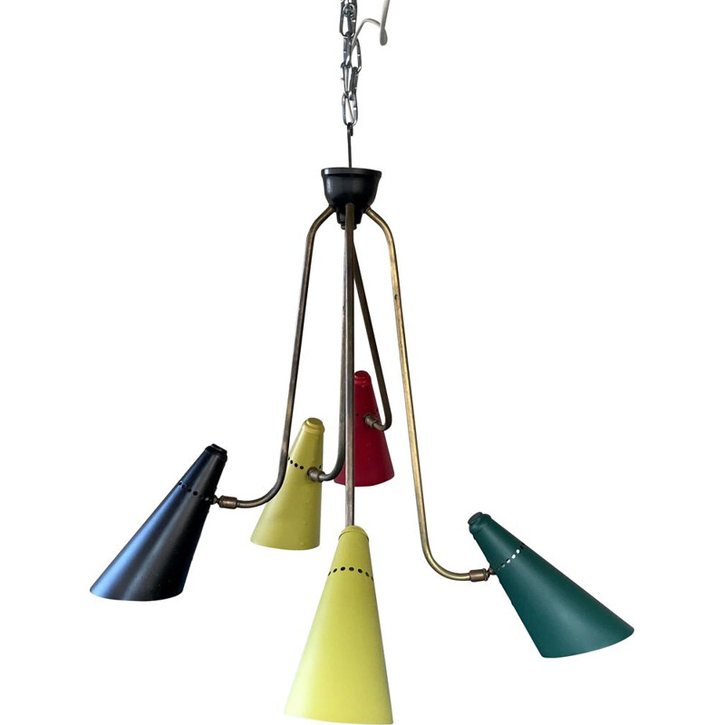 Multicoloured vintage chandelier in brass, metal and lacquered aluminium