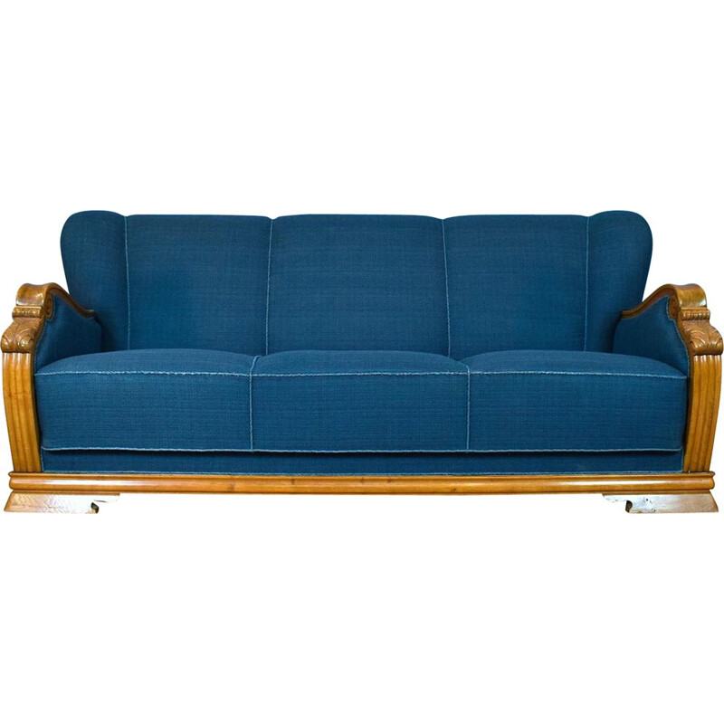 Art Deco Vintage Danish Teal Blue Wool & Oak Seat Sofa 1930s