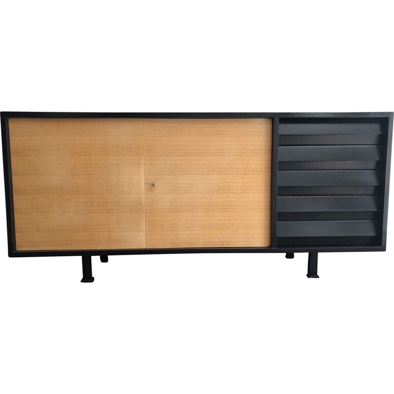 Sideboard in black lacquered wood and vintage solid beechwood 