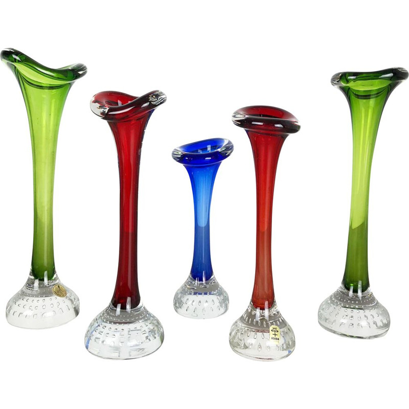 Set of 5 vintage colored glass vases by Bo Borgstrom for Aseda, Sweden 1970