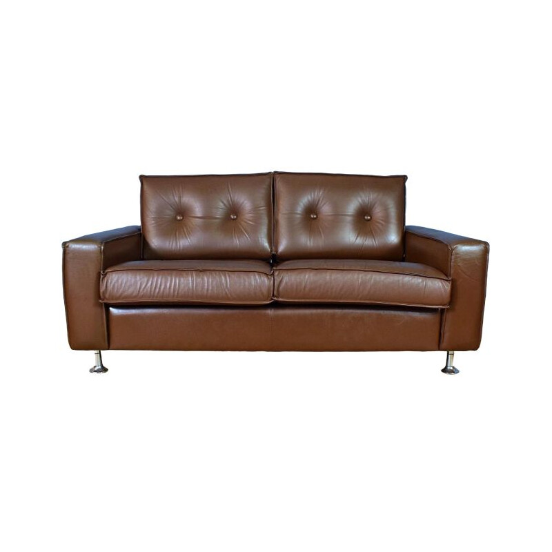 Danish Sofa  Brown Leather & Chrome 2 Seat 1Mid Century 960s