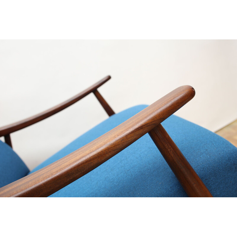 Armchair teak in blue, restored 1950s 