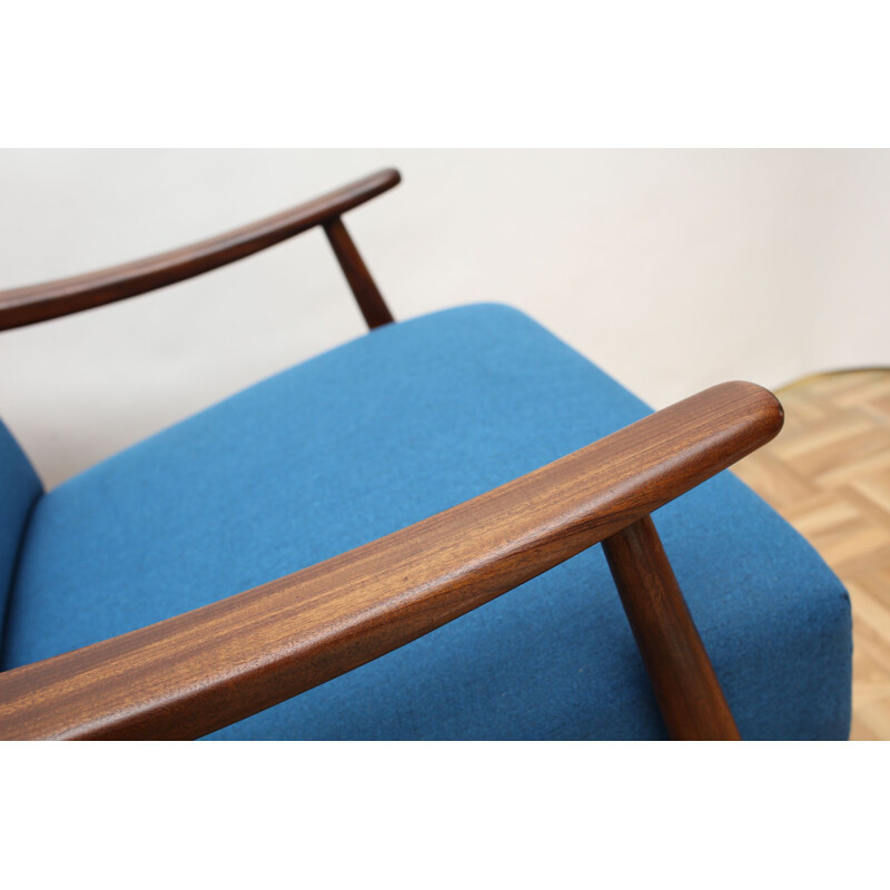 Armchair teak in blue, restored 1950s 