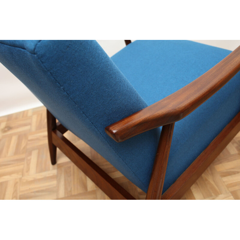 Armchair teak in blue, restored 1950s 