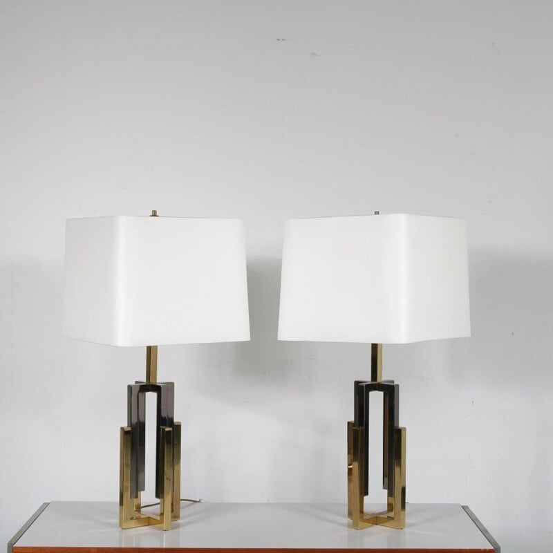 Pair de Lampes de table vintage en chrome et en laiton attribuées à Romeo Rega, Italie 1970