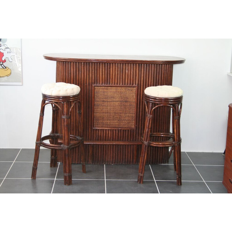 Bar counter and its 2 rattan stools year 70 vintage