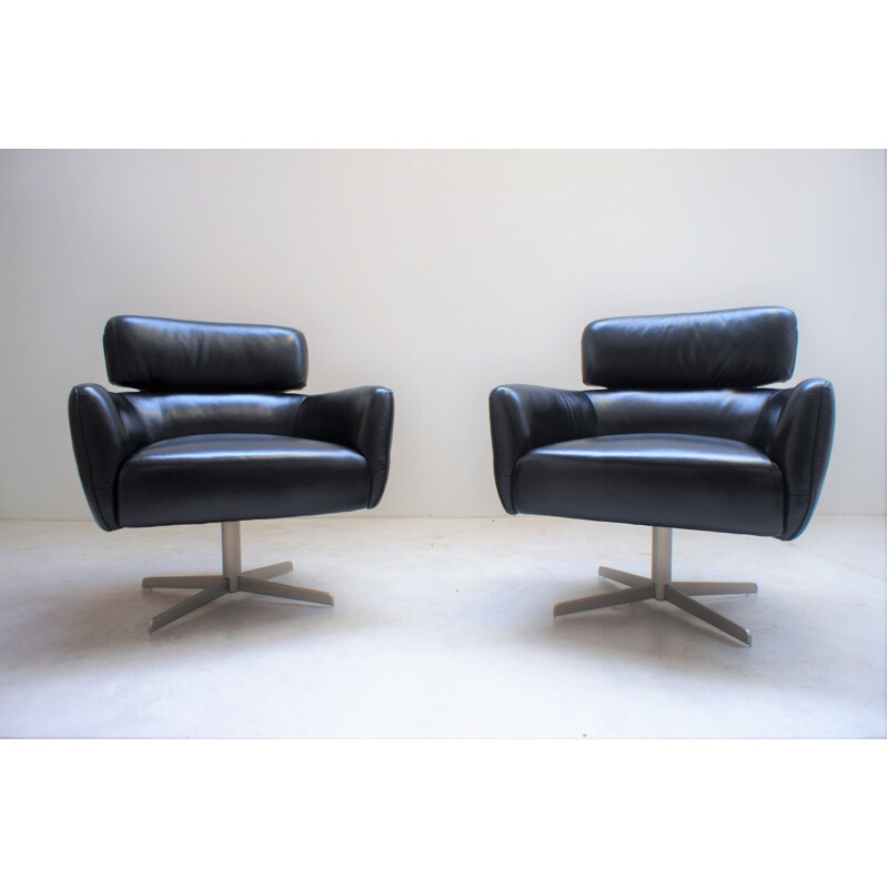 Pair of Scandinavian black leather armchairs