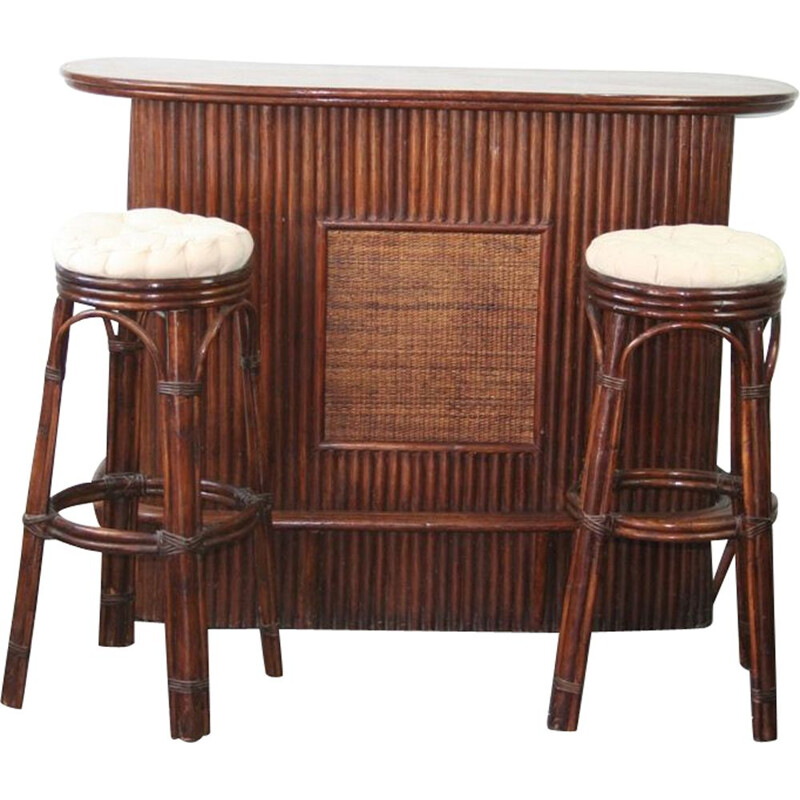 Bar counter and its 2 rattan stools year 70 vintage