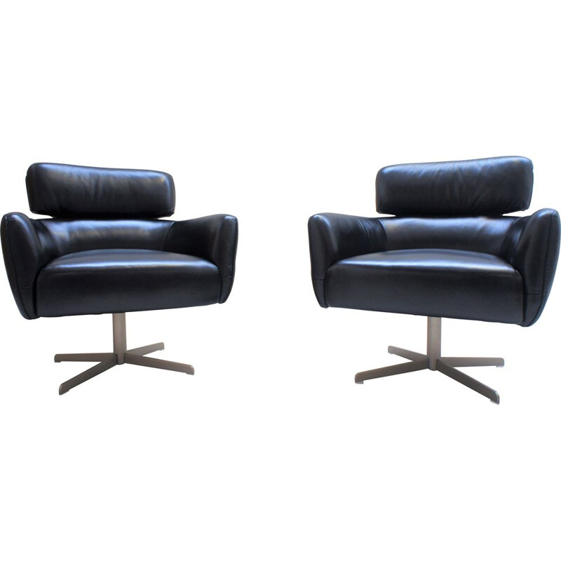 Pair of Scandinavian black leather armchairs