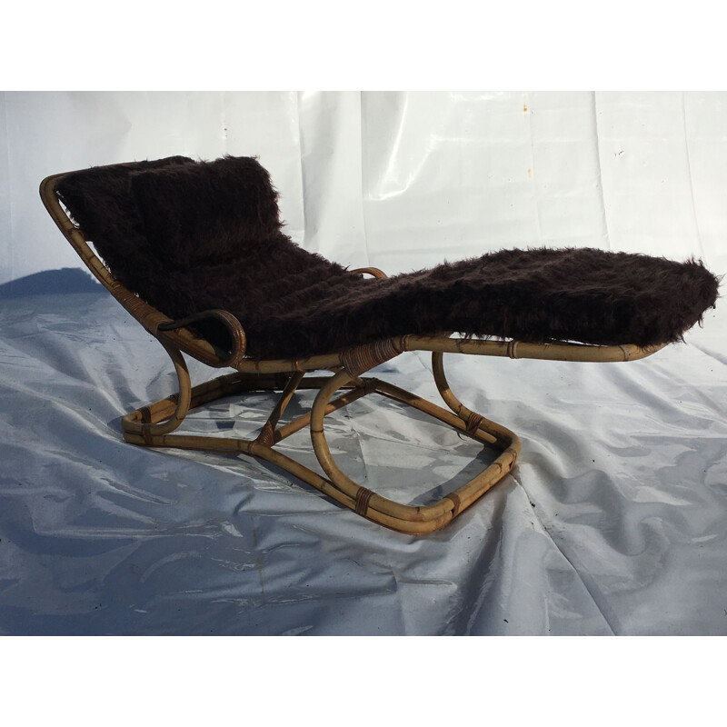 Chaise longue vintage bain de soleil en rotin 1960