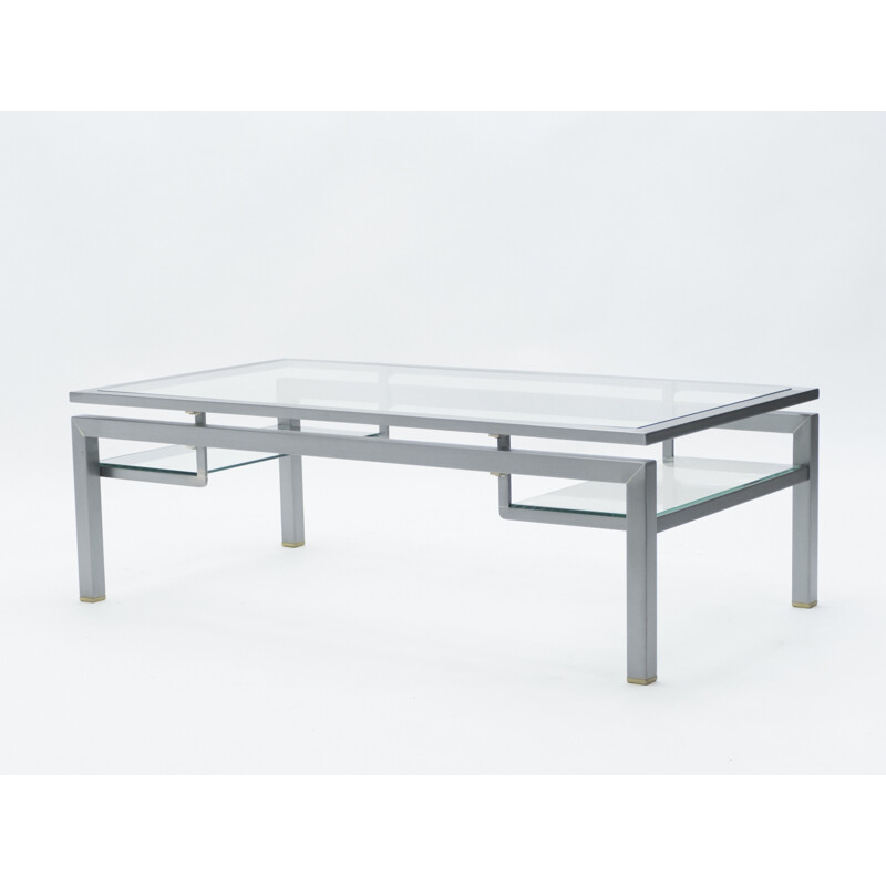 Vintage coffee table in brushed steel and brass by Guy Lefevre for Maison Jansen, 1970