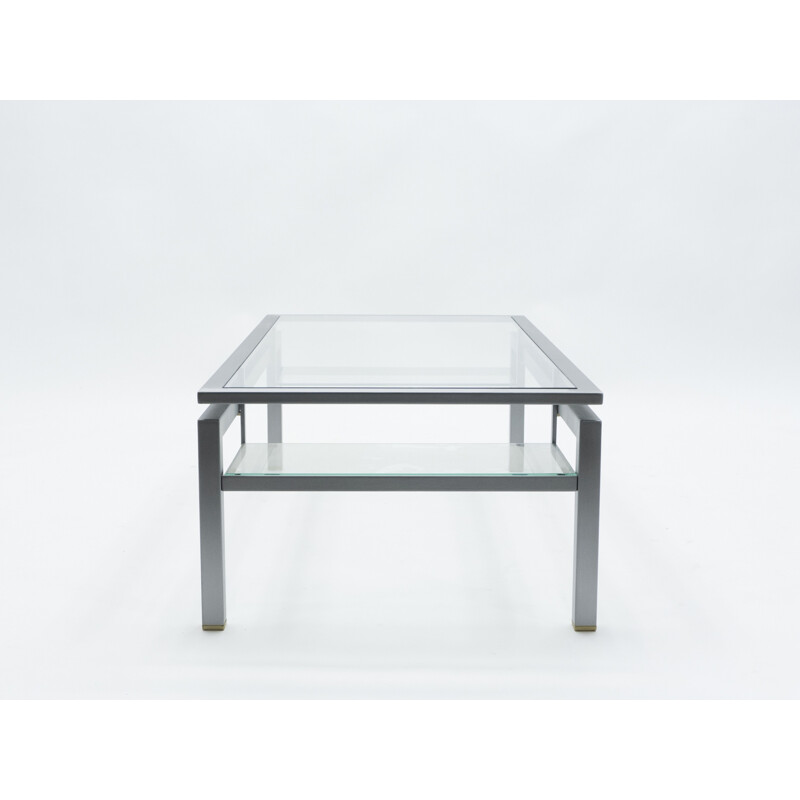 Vintage coffee table in brushed steel and brass by Guy Lefevre for Maison Jansen, 1970