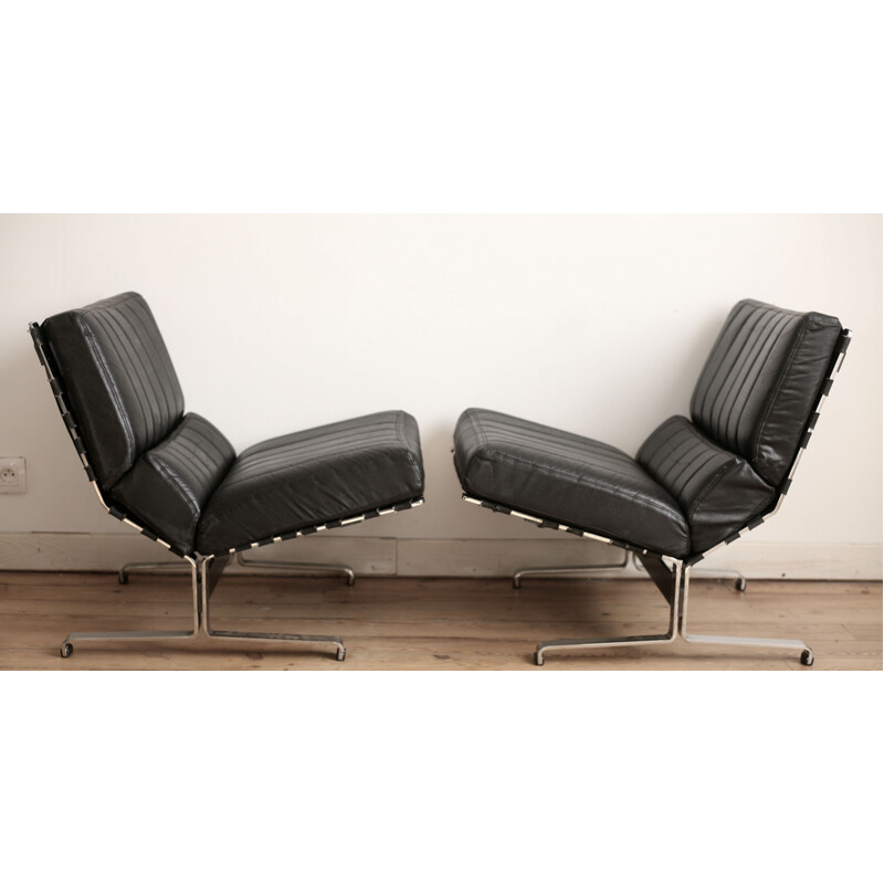 Pair of vintage black leatherette armchairs by Etienne Fermigier, France 1965