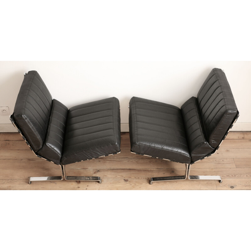 Pair of vintage black leatherette armchairs by Etienne Fermigier, France 1965