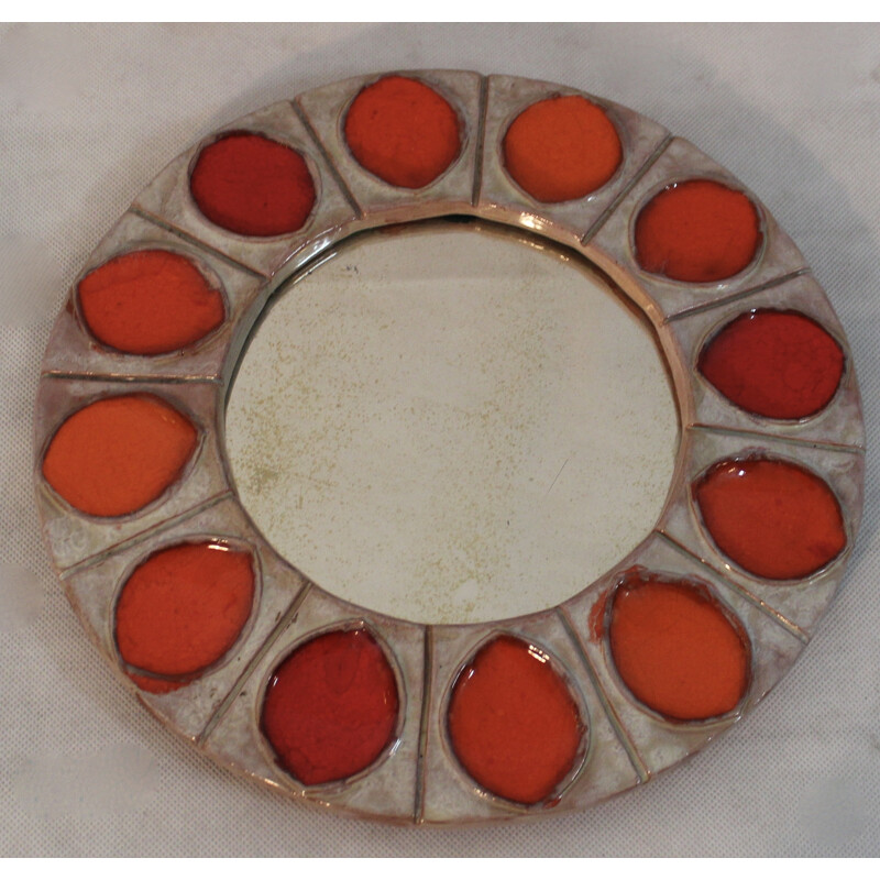 Mid century circular mirror in grey ceramic with red orange touches - 1960s