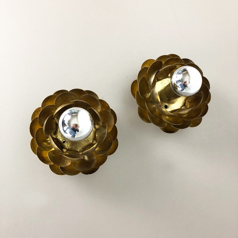 Set of Two Brutalist Brass Metal artichoke Wall Ceiling Light Sconces Italy