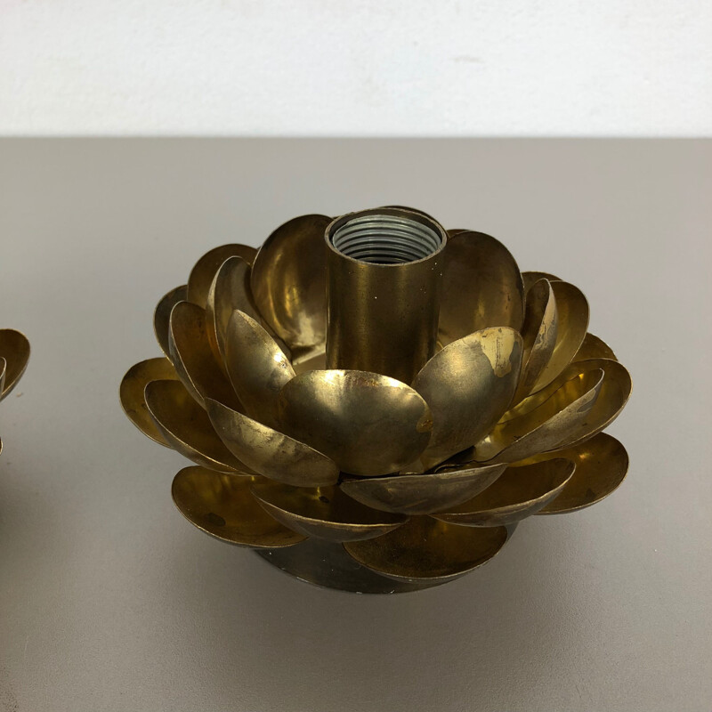 Set of Two Brutalist Brass Metal artichoke Wall Ceiling Light Sconces Italy