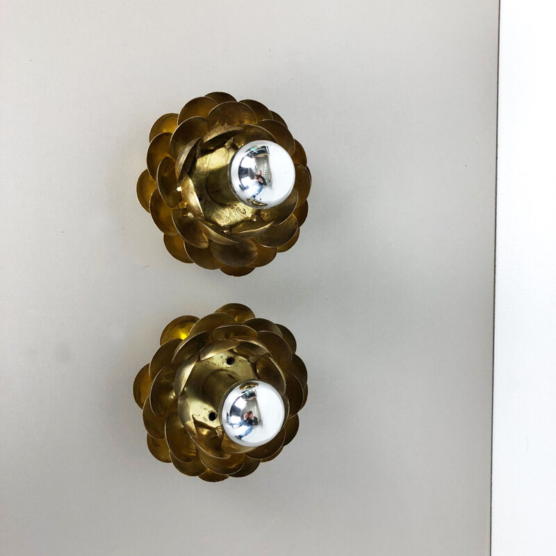 Set of Two Brutalist Brass Metal artichoke Wall Ceiling Light Sconces Italy