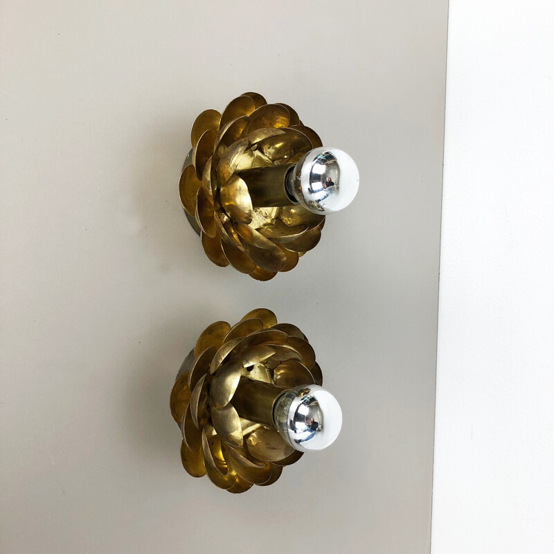 Set of Two Brutalist Brass Metal artichoke Wall Ceiling Light Sconces Italy