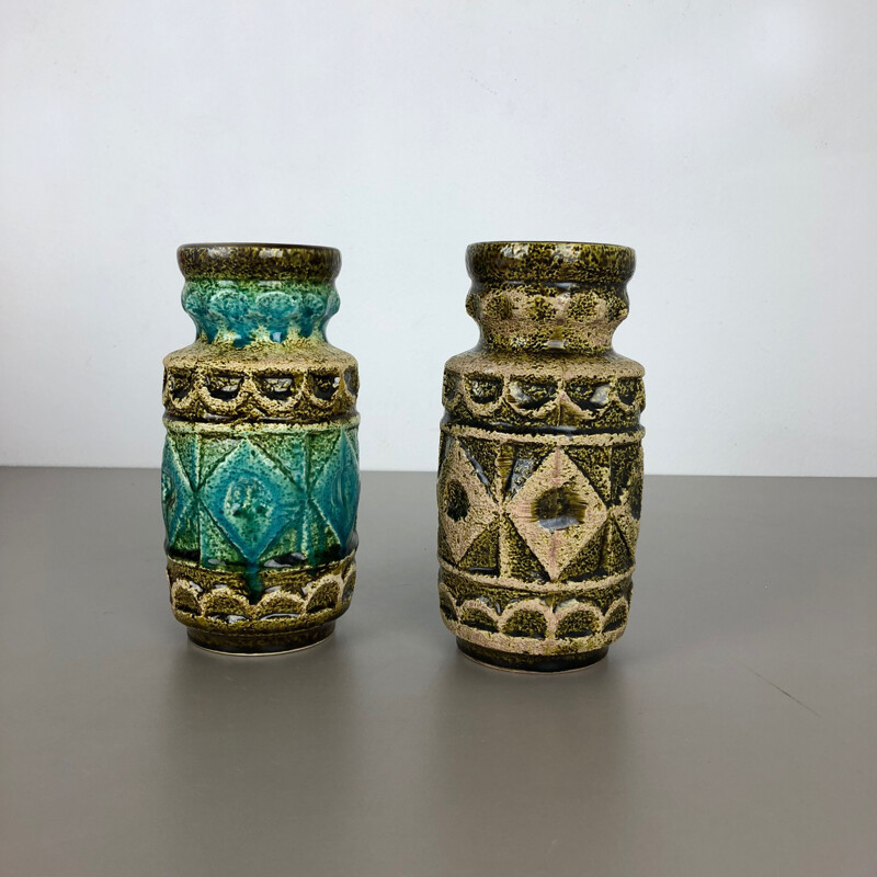 Par de vasos de chão de cerâmica multicoloridos da Bay Ceramics, Alemanha 1960