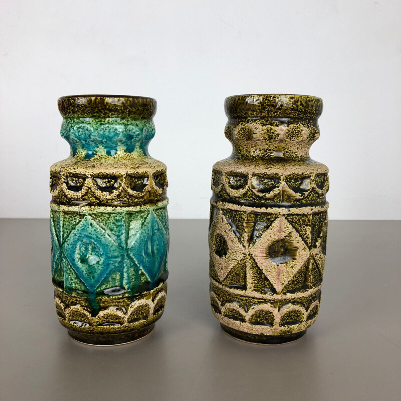 Par de vasos de chão de cerâmica multicoloridos da Bay Ceramics, Alemanha 1960