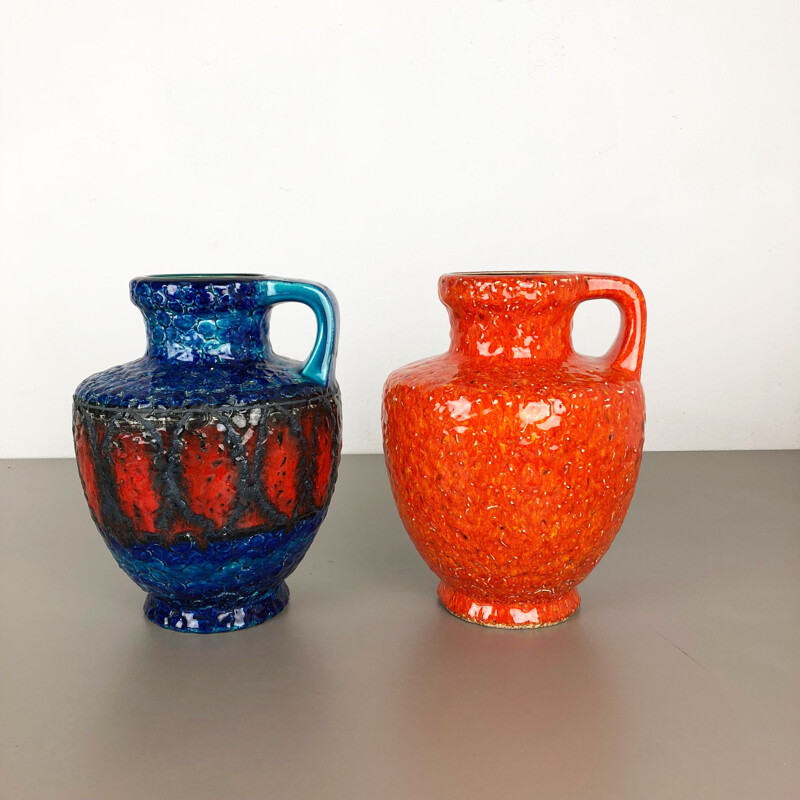 Paire de vases vintage multicolores en céramique, Allemagne 1960