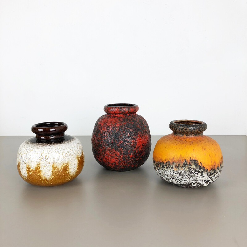 Set di 3 vasi vintage in argilla lavica "Multi-Color" di Scheurich, Germania 1970
