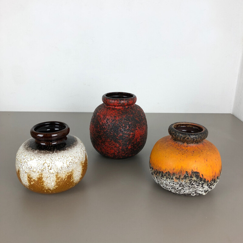 Set of 3 vintage lava clay vases "Multi-Color" from Scheurich, Germany 1970