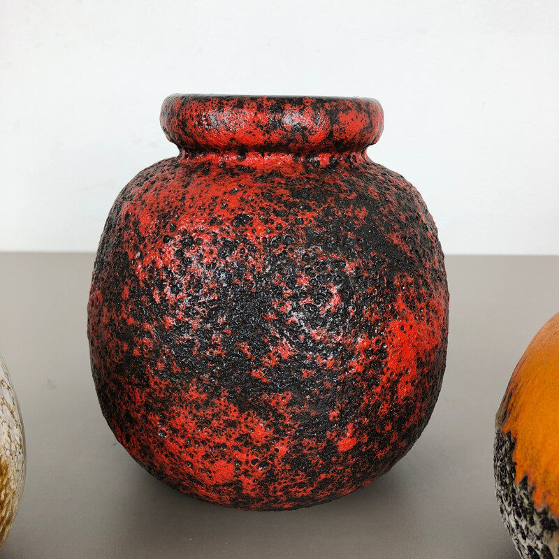 Ensemble de 3 vases vintage en céramique de lave grasse "Multi-Color" de Scheurich, Allemagne 1970