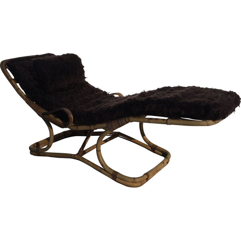 Chaise longue vintage bain de soleil en rotin 1960