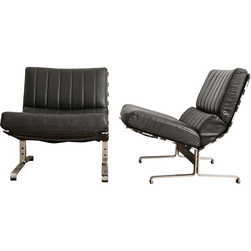 Pair of vintage black leatherette armchairs by Etienne Fermigier, France 1965