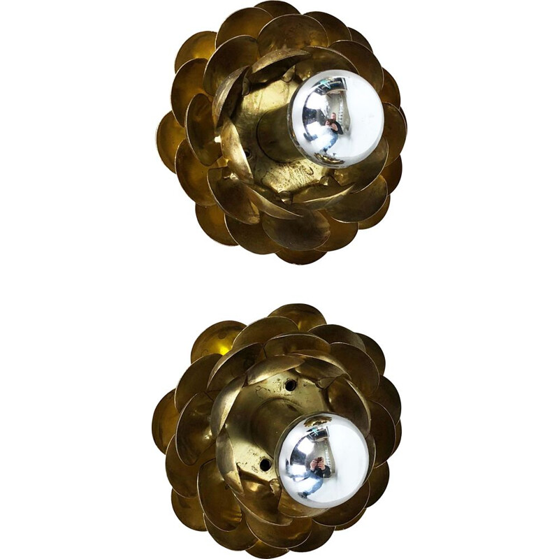 Set of Two Brutalist Brass Metal artichoke Wall Ceiling Light Sconces Italy