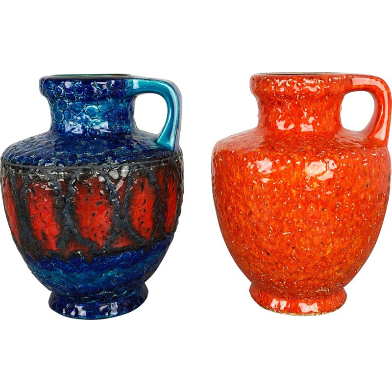 Coppia di vasi vintage in ceramica multicolore, Germania 1960