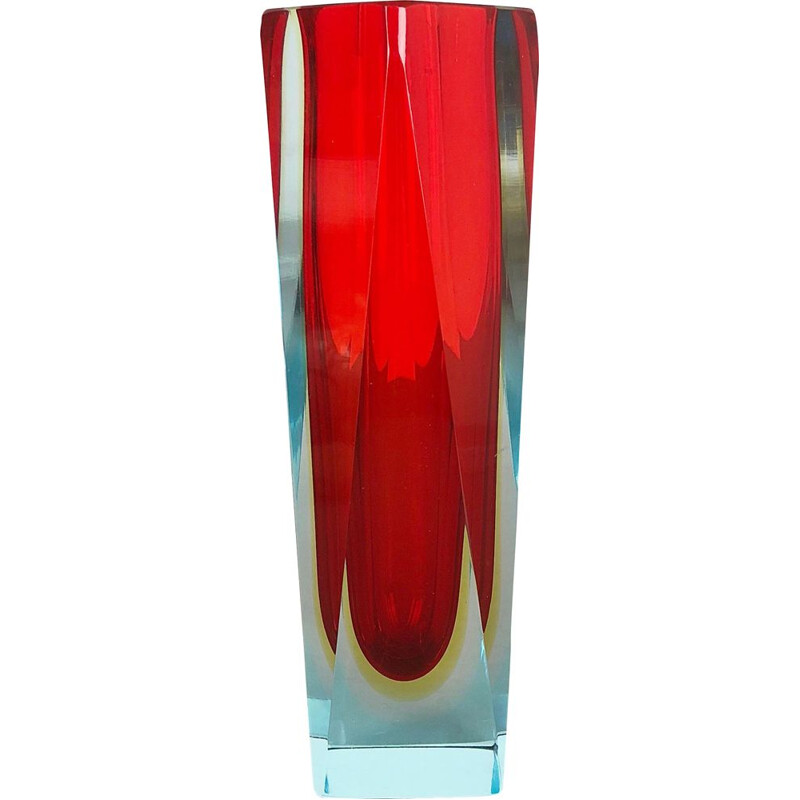 Extra Large Red Mandruzzato Faceted Glass Sommerso Vase Made in Murano Italy