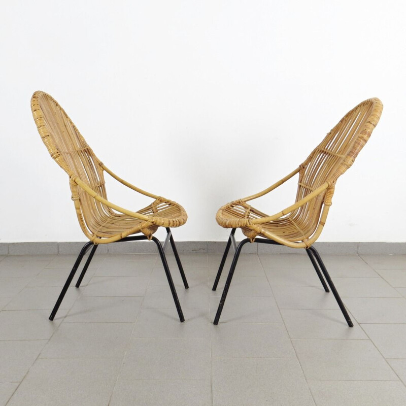Ensemble de fauteuils vintage en rotin produit par Alan Fuchs 1960