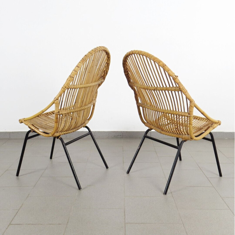 Ensemble de fauteuils vintage en rotin produit par Alan Fuchs 1960