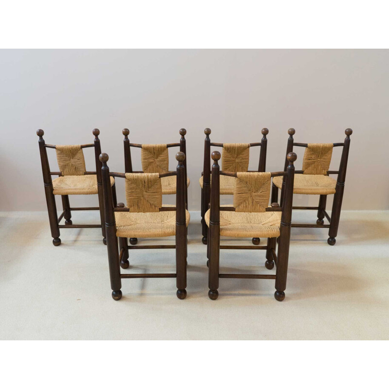 Série de 6 chaises vintage paillées 1950s