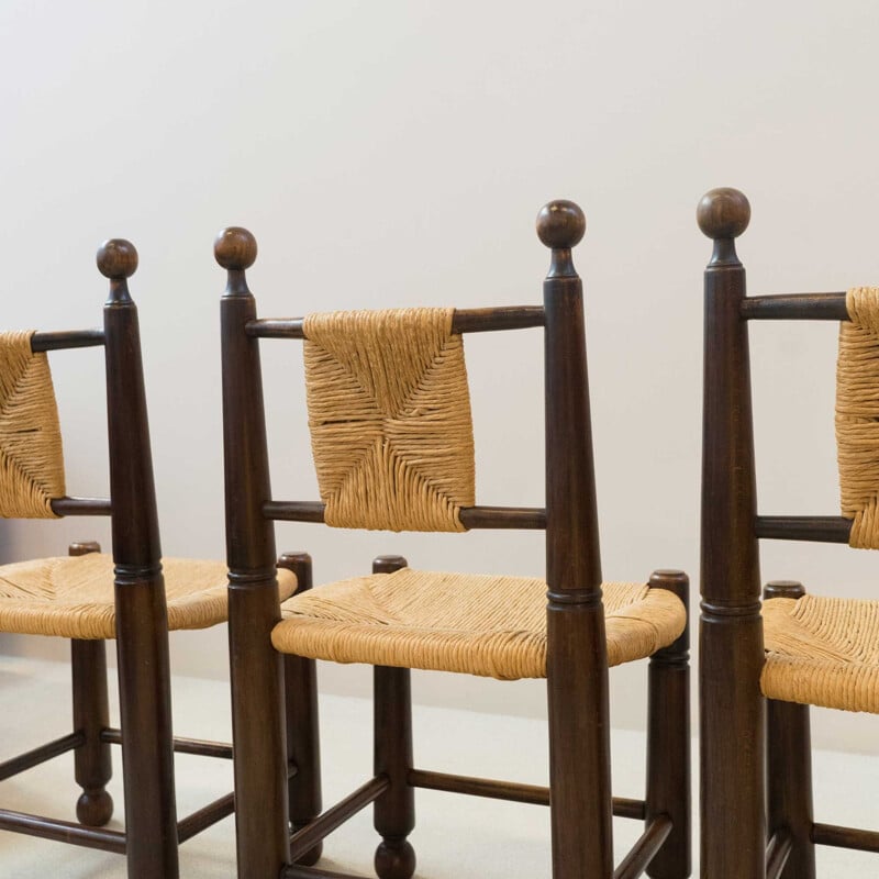 Série de 6 chaises vintage paillées 1950s