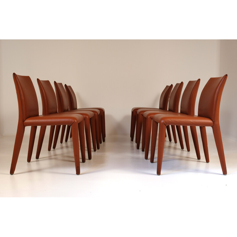 Lot de 8 chaises vintage en cuir marron, Mario Bellini pour B&B Italia