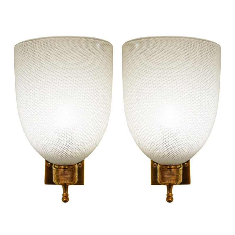 Pair of vintage brass and glass sconces designed by Carlo Scarpa for Venini 1950