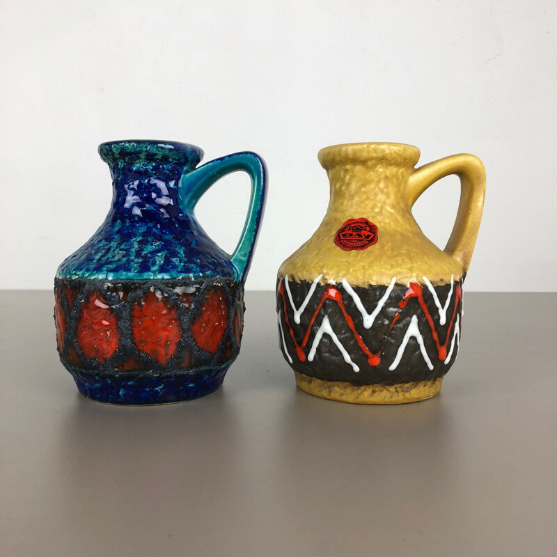 Pair of vintage multi-colored lava ceramic vases by Bay Ceramics