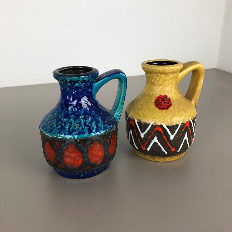 Paire de vases vintage multicolores en céramique de lave grasse par Bay Ceramics