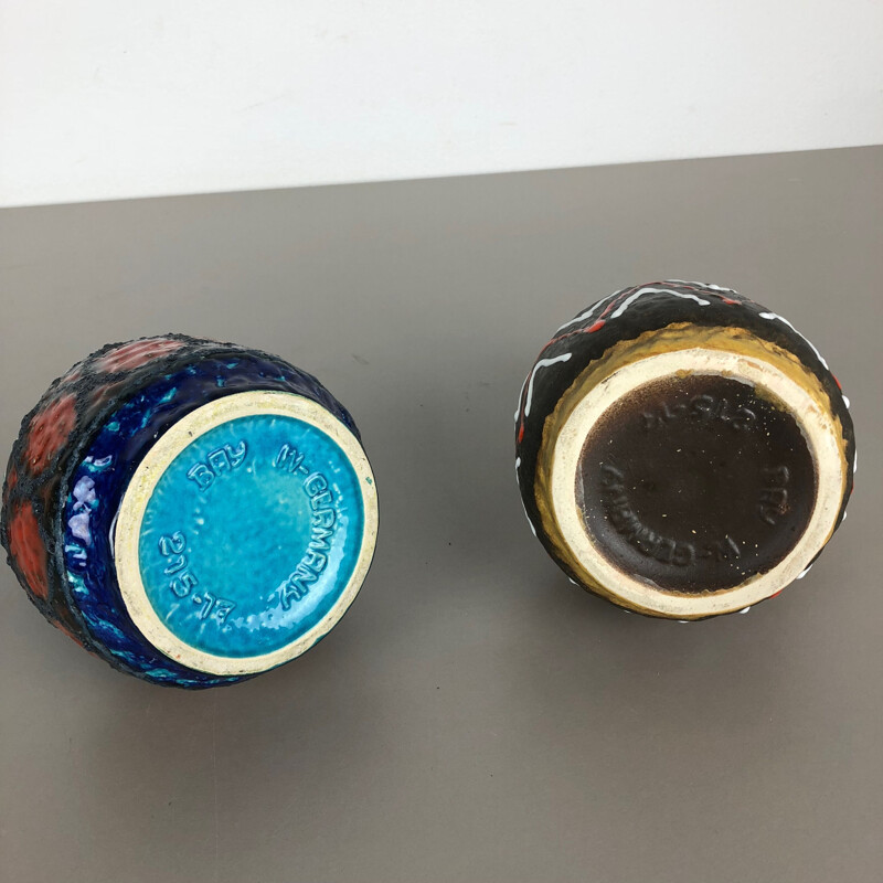 Pair of vintage multi-colored lava ceramic vases by Bay Ceramics