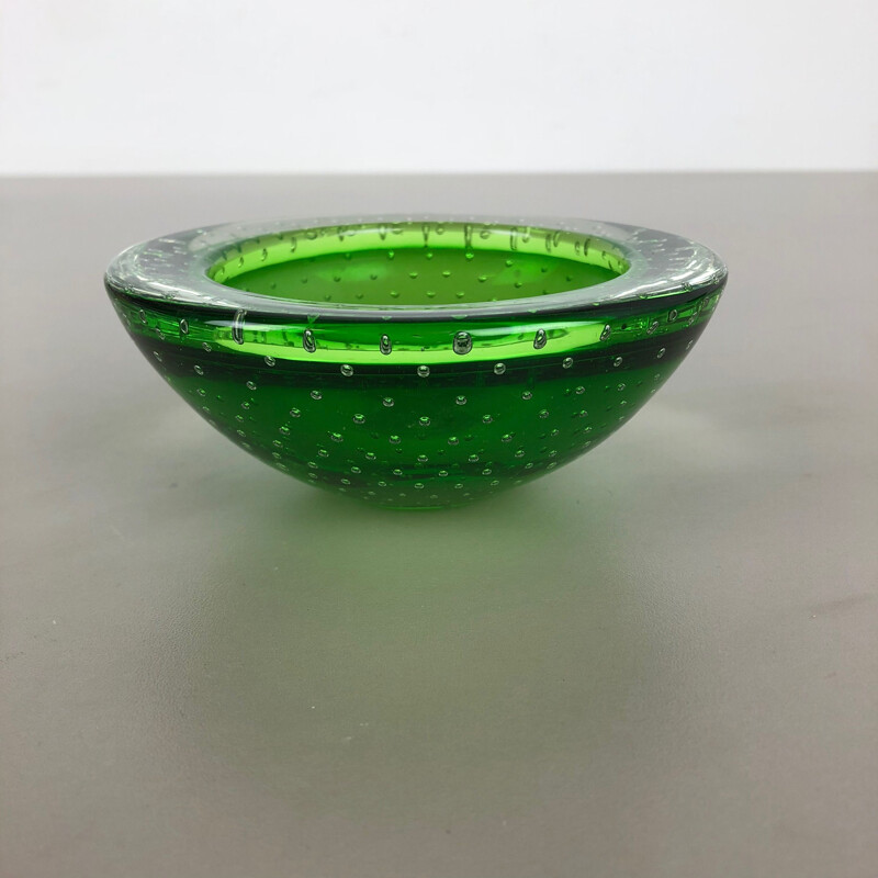 Vintage ashtray in green Bullicante glass from Murano, Italy 1970