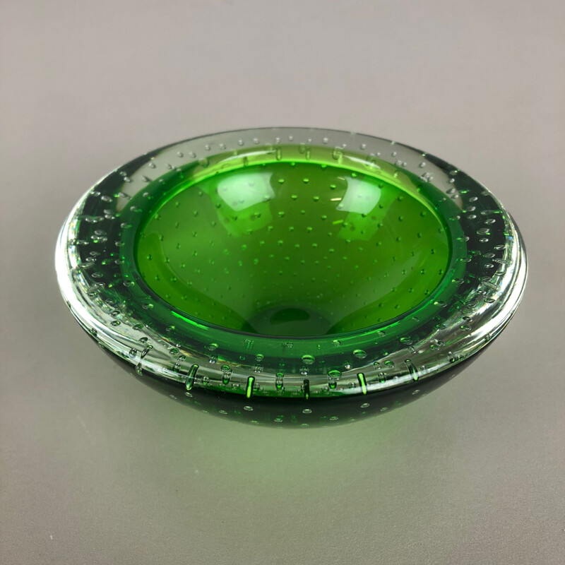 Vintage ashtray in green Bullicante glass from Murano, Italy 1970