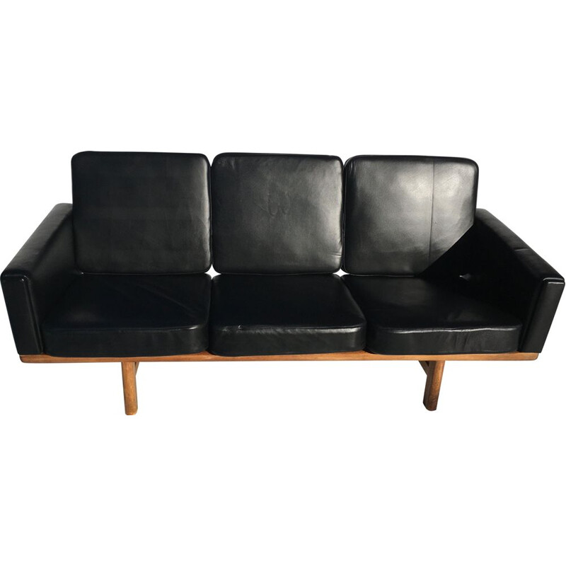 Sofa 3 seater in black leather and oak by Hans Wegner