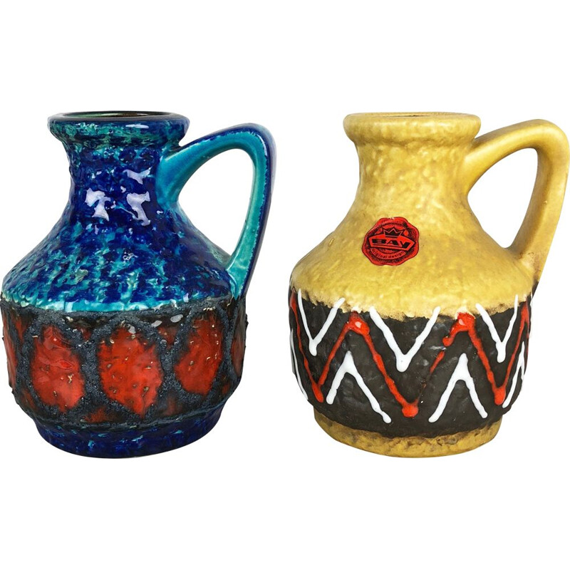 Pareja de jarrones vintage de cerámica de lava multicolor de Bay Ceramics