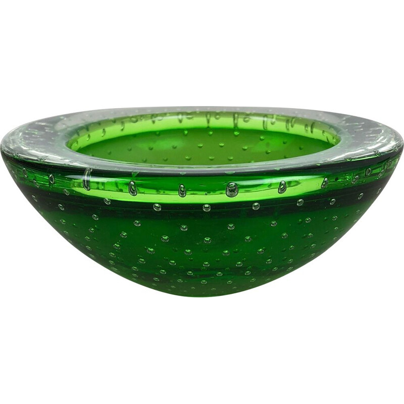 Vintage asbak in groen Bullicante glas uit Murano, Italië 1970